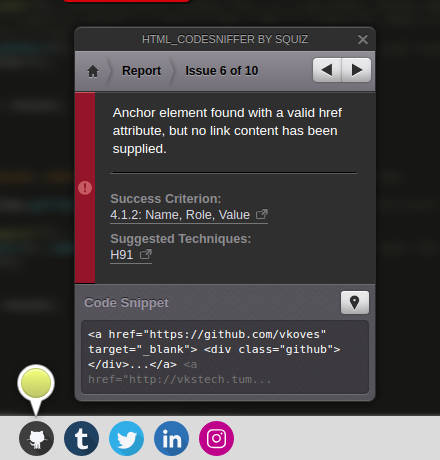 HTML_CodeSniffer error showing link without content