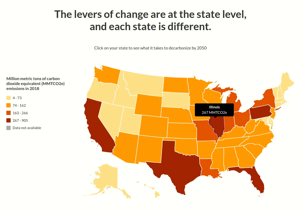 Decarb My State homepage showing a map of the US with different states in different colors, with a tooltip over Illinois that says "Illinois 267 MMTCO2e"